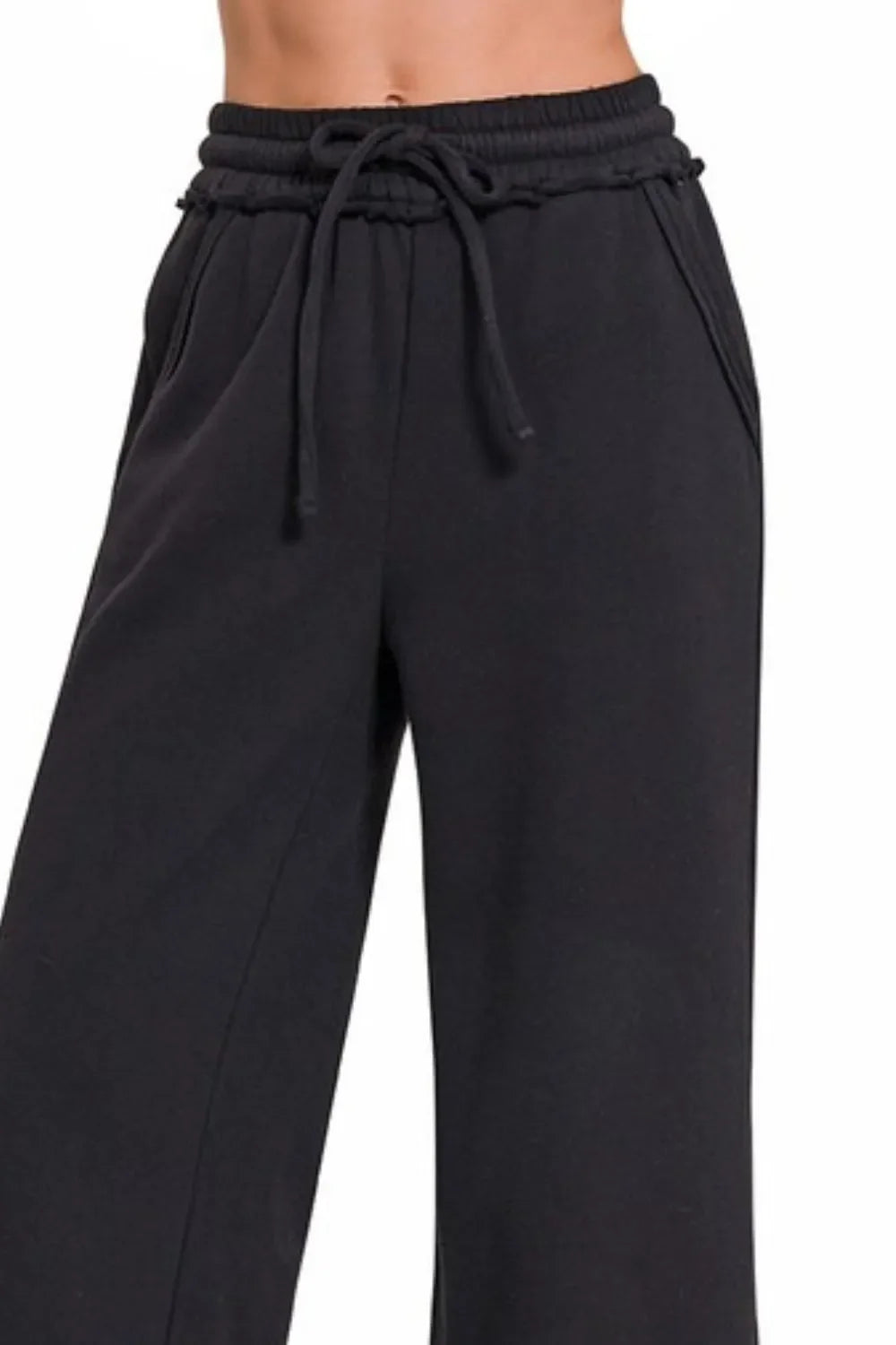 Zenana Fleece Exposed Seam Wide Leg Sweatpants in Black