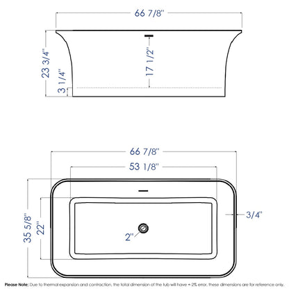 ALFI brand  AB9942 67" White Rectangular Solid Surface Smooth Resin Soaking Bathtub