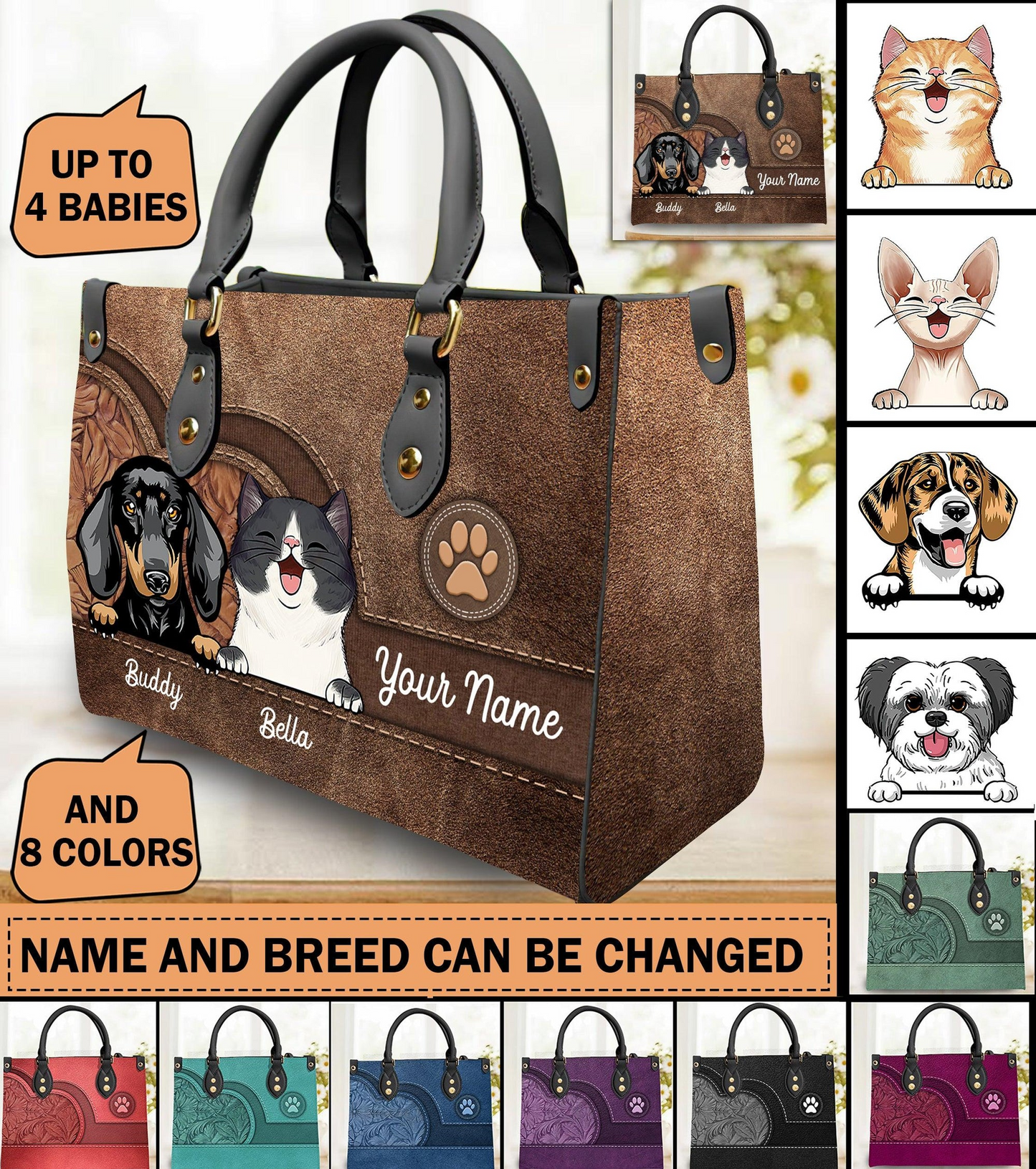 [17 Pets] Dog & Cat Personalized Leather Handbag - Personalized Gift for Dog/Cat Lovers, Dog/Cat Mom, Pet Lovers