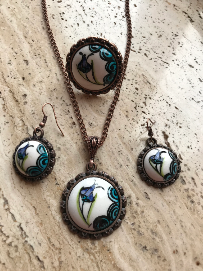 Hand Crafted Jewelry - Ceramic Jewelry Set - Flower Printed Earrings