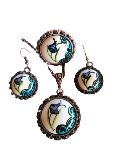 Hand Crafted Jewelry - Ceramic Jewelry Set - Flower Printed Earrings