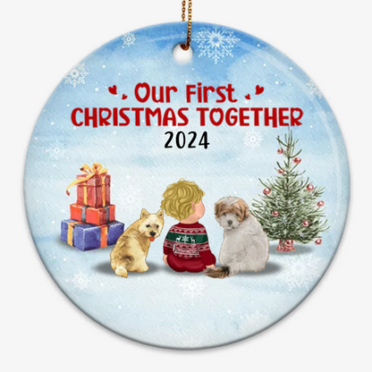 First Christmas Together Baby & Dog - Personalized Circle Ceramic Ornament - New 1st Baby Gift