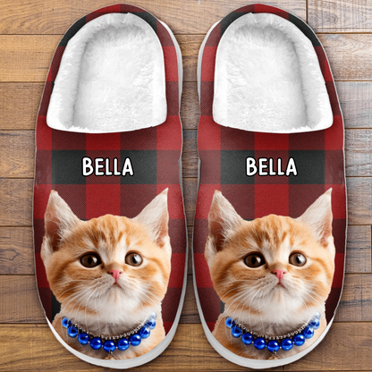 Custom Photo Happiness Is A Warm Cat - Cat Personalized Slippers - Gift For Cat Lovers, Pet Lovers, Cat Mom, Cat Dad