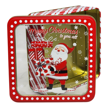 Square Cookie Tin with Window - Merry Christmas Santa with Gifts