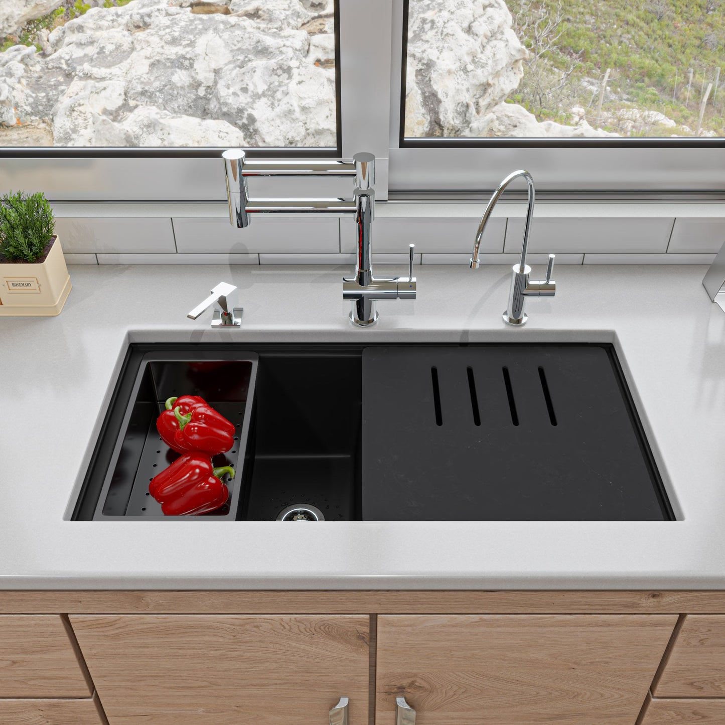 ALFI brand AB3418DBUM 33" Granite Composite Workstation Step Rim Double Bowl Undermount Sink with Accessories