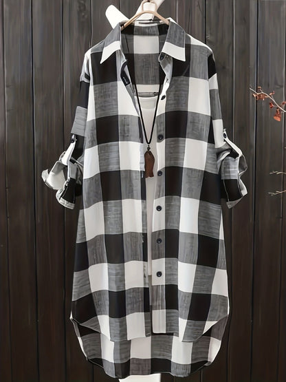 Plus Size Casual Blouse, Women's Plus Gingham Print Button Up Roll Up Sleeve Turn Down Collar Blouse