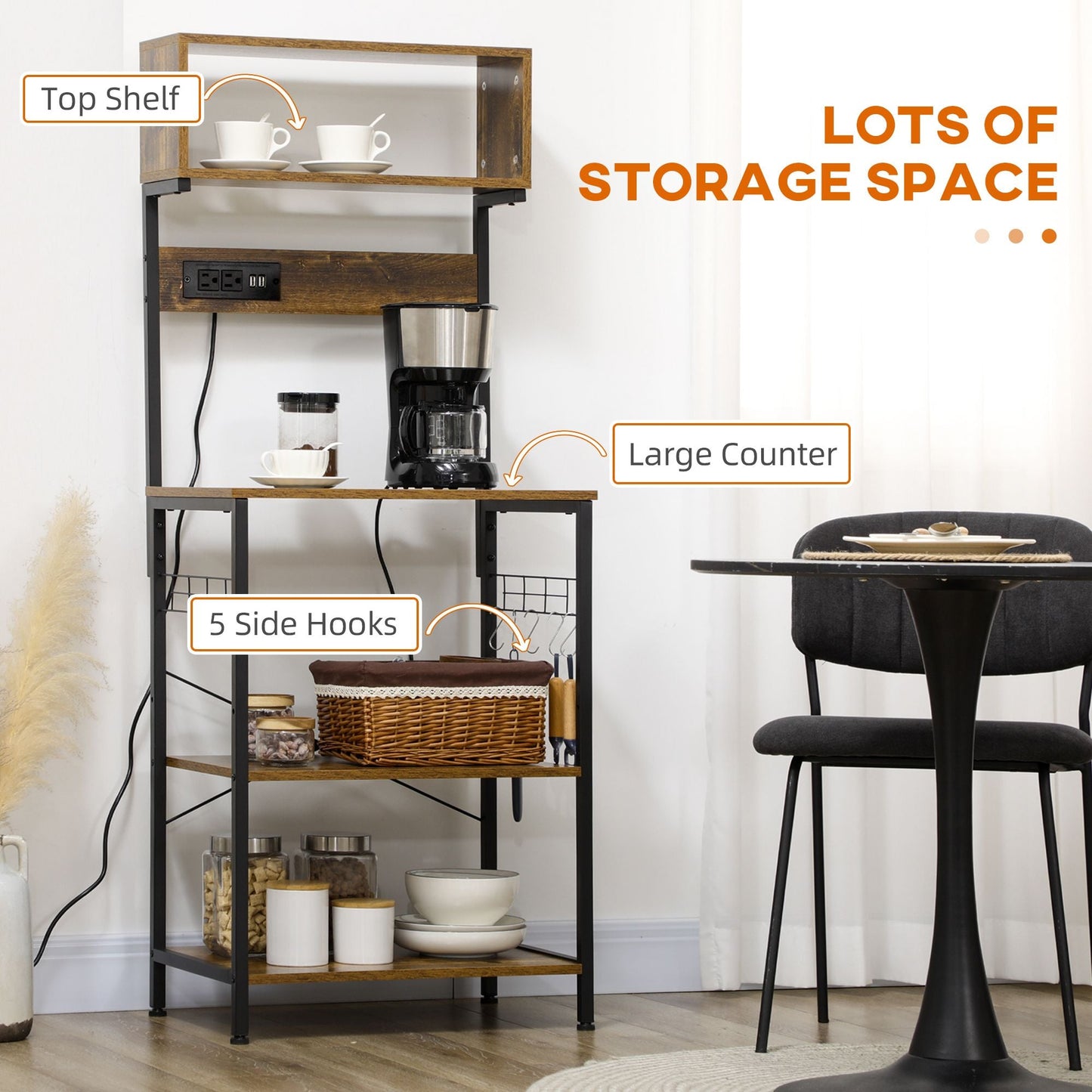 HOMCOM Baker's Rack with Power Outlet, USB Charging, Microwave Stand, Coffee Bar & Adjustable Shelves