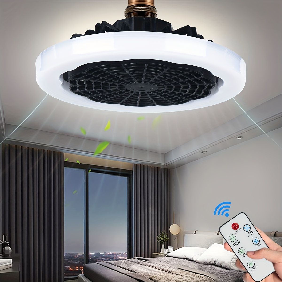 1pc Ceiling Fan With Light, Modern 18inch Remote Control Enclosed Low Profile Ceiling Fan With Light 3 Speed LED Dimming 3 Colors 8 Invisible Bladeless Flush Mount Fan Light Bedroom, Offices
