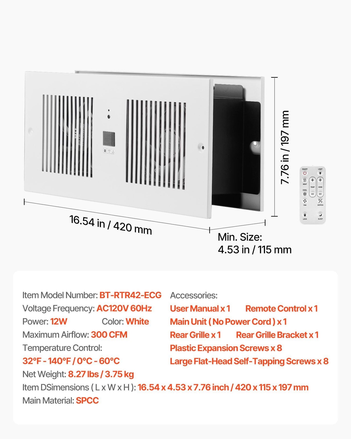 4 Inch Room to Room Fan 2-in-1 300 CFM Through Wall Fan Remote Control