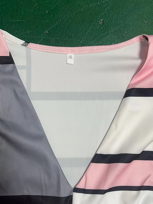 Plus Size elegant Blouse, Women's Plus Colorblock Geometric Print Lantern Sleeve V Neck Ruched Side Top