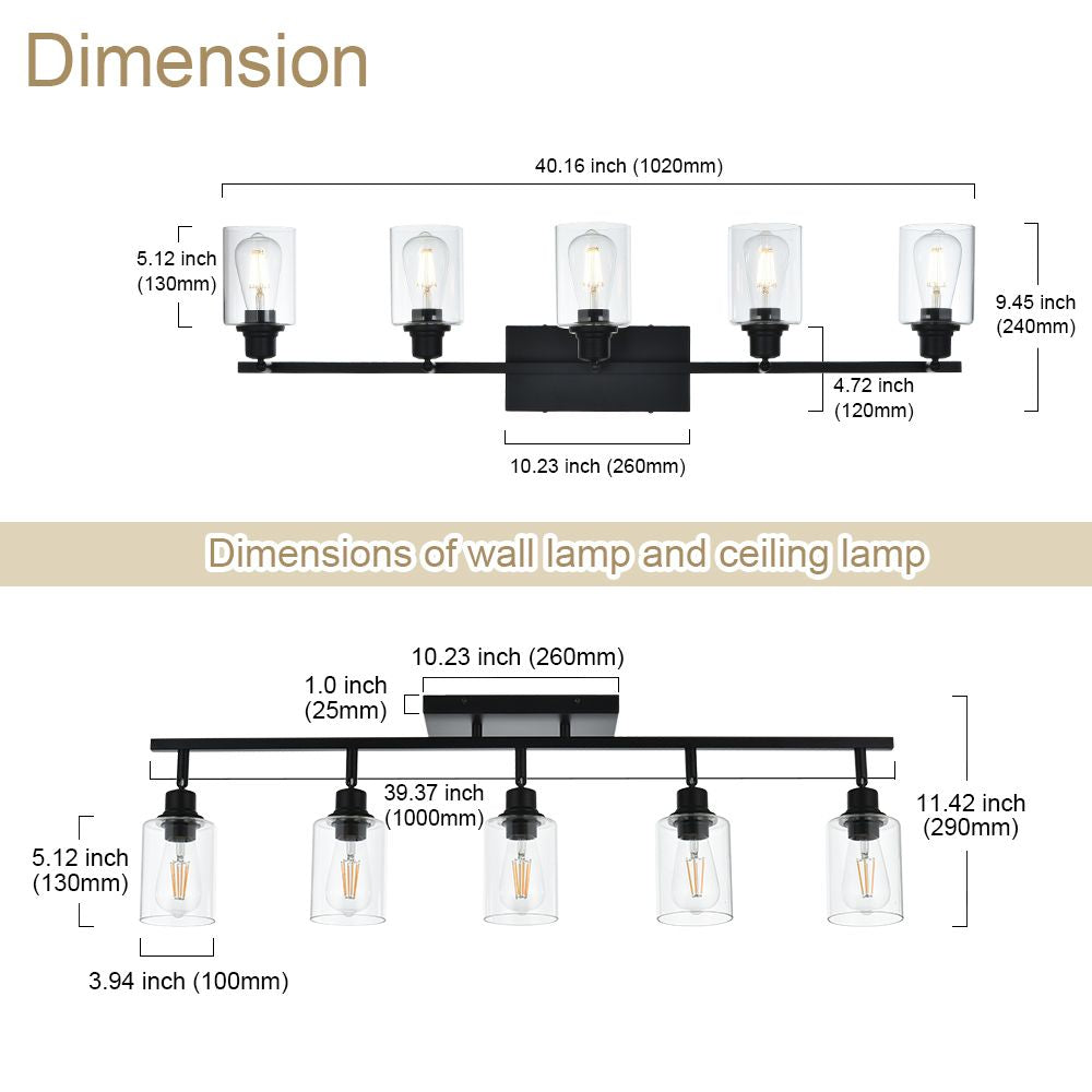 5-Light Vanity Light Bathroom Fixture with Clear Glass Shade Multi-Directional Rotating Metal Ceiling Spotlight Fixture with Adjustable Track Heads