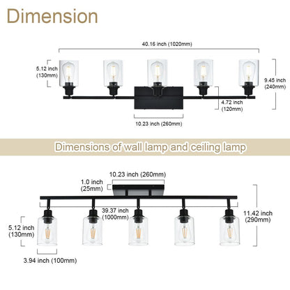 5-Light Vanity Light Bathroom Fixture with Clear Glass Shade Multi-Directional Rotating Metal Ceiling Spotlight Fixture with Adjustable Track Heads