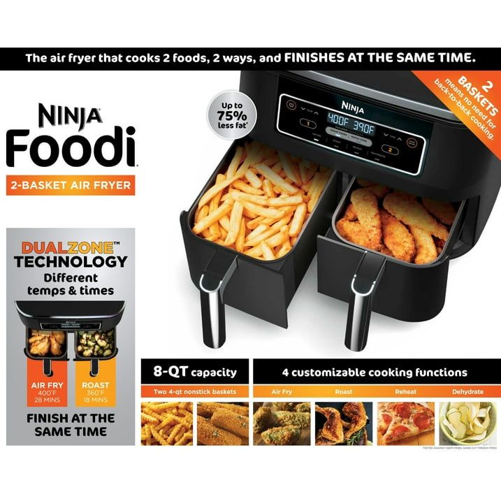 Ninja Foodi 4-in-1 8-Quart 2-Basket Air Fryer with DualZone Technology, Black, Model DZ100