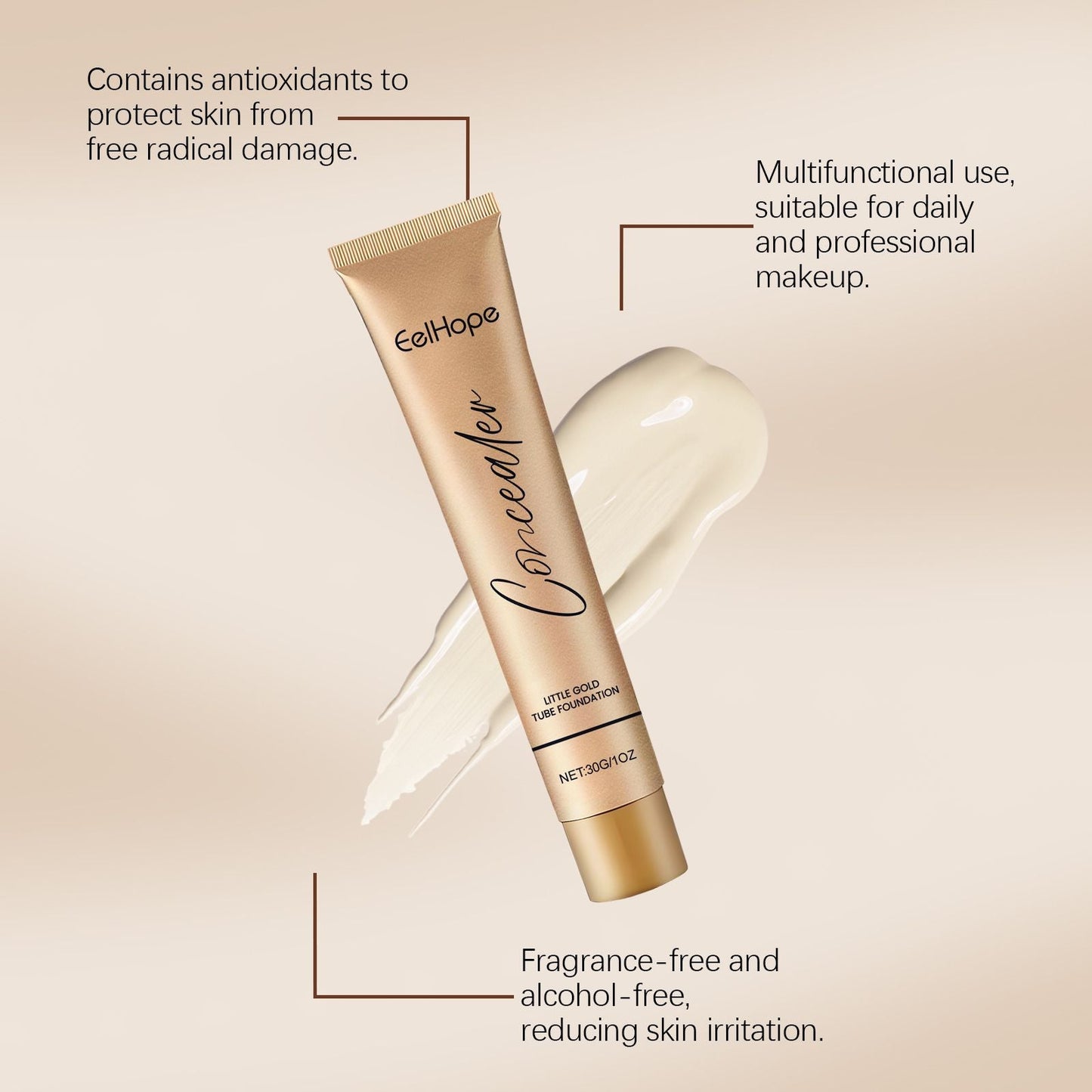Eelhope Small Gold Tube Foundation Concealer, Natural Lightweight Skin Concealer Not Easy To Makeup Moisturizing Liquid Foundation