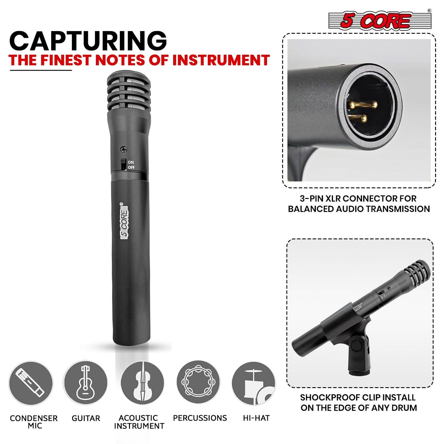 5 CORE Professional Instrument Microphone Pencil Mic Condenser Cardioid Unidirectional Stick Microfono with Windscreen Mic Clip & Case - INSTRU MIC 100 BLK