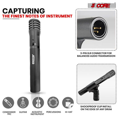 5 CORE Professional Instrument Microphone Pencil Mic Condenser Cardioid Unidirectional Stick Microfono with Windscreen Mic Clip & Case - INSTRU MIC 100 BLK
