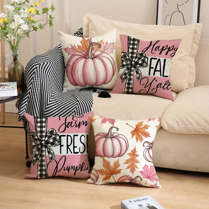 4 Pack Fall Pillow Covers Pink 18x18in Farmhouse Pumpkin Maple Leaf Cushion Case Autumn Sofa Couch Decor for Autumn Thanksgiving Harvest Decorations
