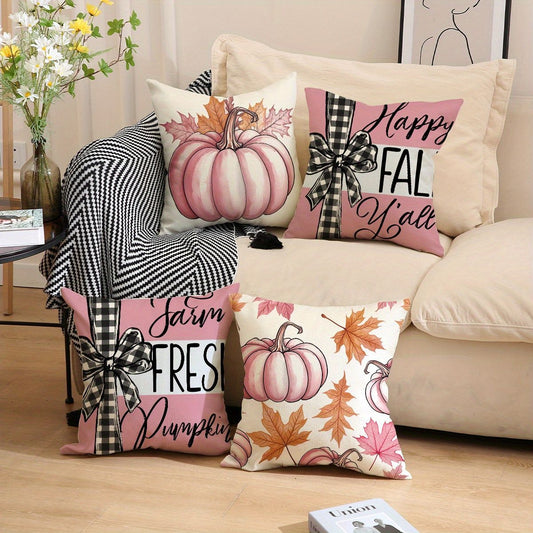 4 Pack Fall Pillow Covers Pink 18x18in Farmhouse Pumpkin Maple Leaf Cushion Case Autumn Sofa Couch Decor for Autumn Thanksgiving Harvest Decorations