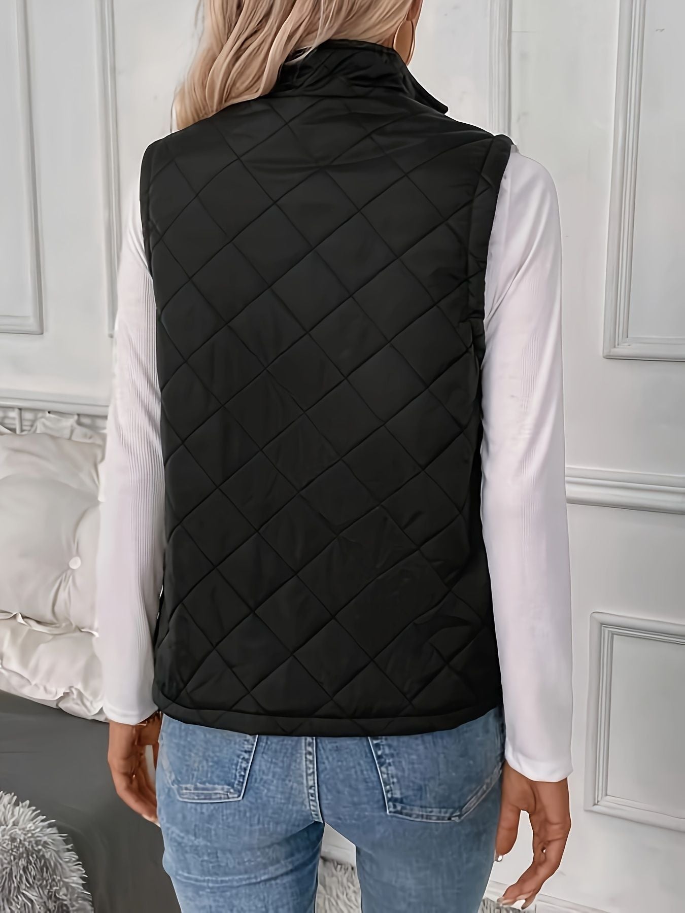 Argyle Pattern Fall & Winter Vest, Casual Zip Up Sleeveless Vest, Women's Clothing