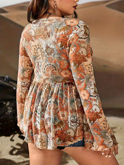 Plus Size Boho Blouse, Women's Plus Paisley Print Long Sleeve V Neck Knot High Stretch Top