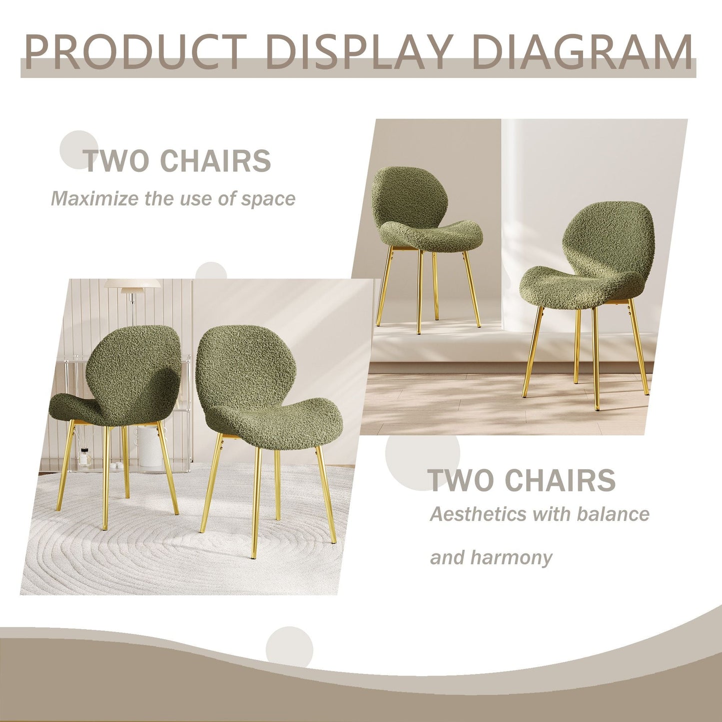Modern minimalist white teddy velvet Dining Chairs Set of 2 with sturdy gold metal legs and comfortable backrest design, suitable for restaurants, kitchens, and offices.