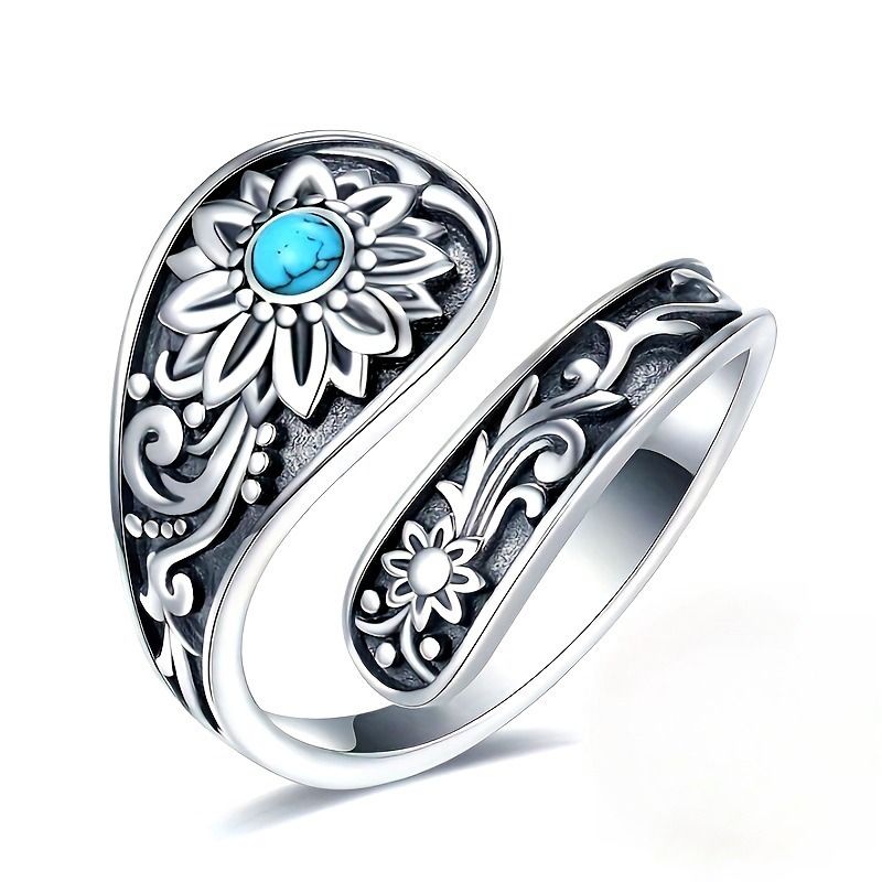 Sunflower Ring with Turquoise Inlay-Handmade Wedding Band, Boho Chic Jewelry Gift for Women