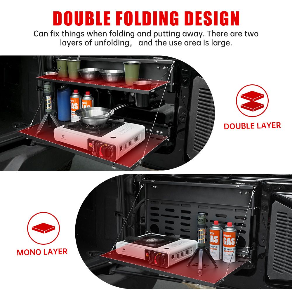 Tailgate Table Molle Panel for Ford Bronco 2021-2024 2-Tier Foldable Rear Storage Cargo Rack Shelf Camping Desk