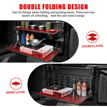 Tailgate Table Molle Panel for Ford Bronco 2021-2024 2-Tier Foldable Rear Storage Cargo Rack Shelf Camping Desk