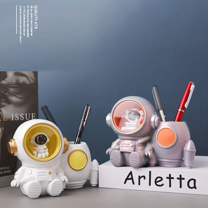 Astronaut Sculpture Pen Holder Pencil Holder Pen Organizer Cosmetic Brush Holder Decorative Pen Box Pen Pot Makeup Brush Pot With Light. (White/Orange)