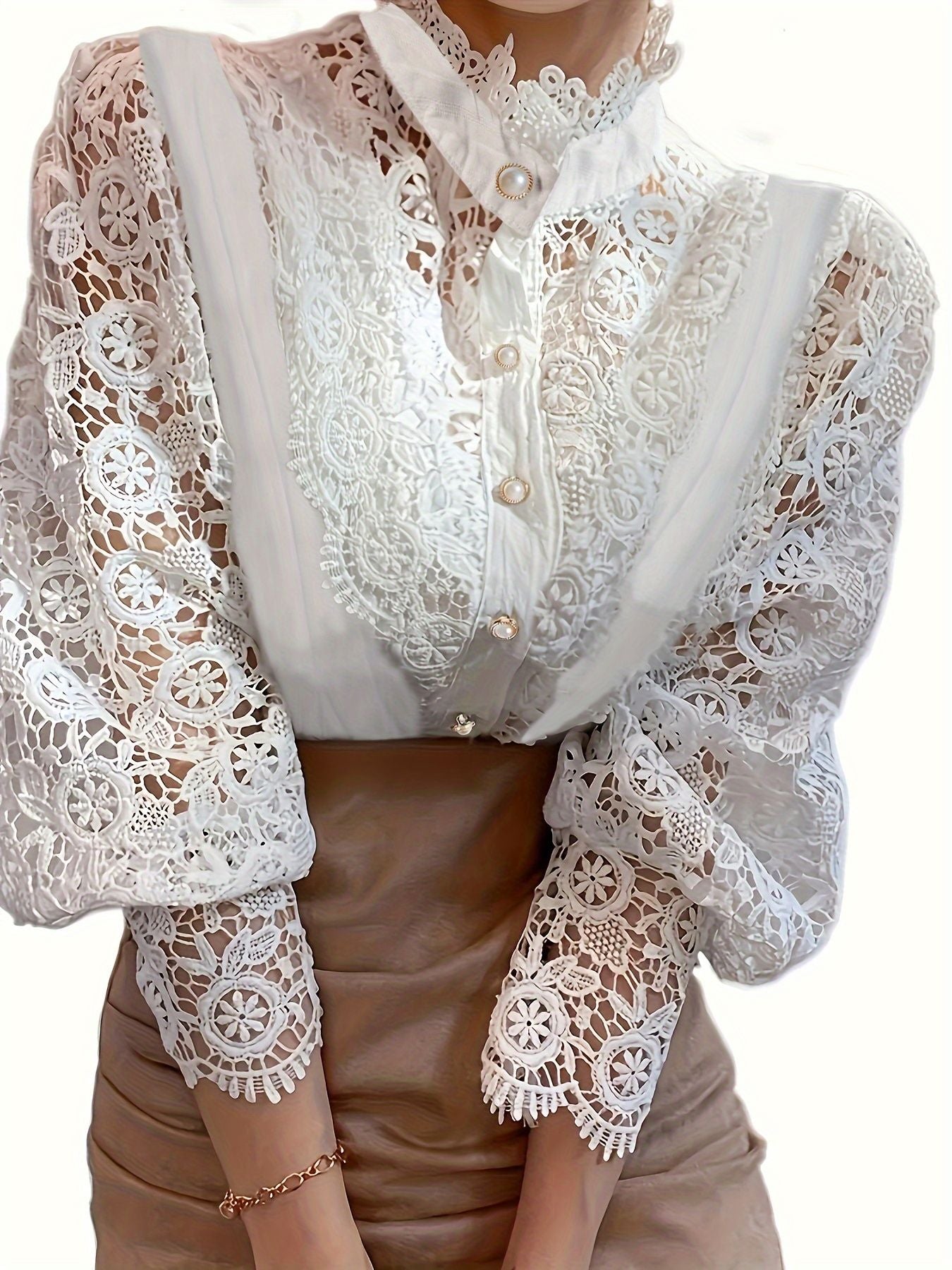 Plus Size Elegant Blouse, Women's Plus Solid Contrast Lace Lantern Sleeve Button Up Mock Neck Shirt Top