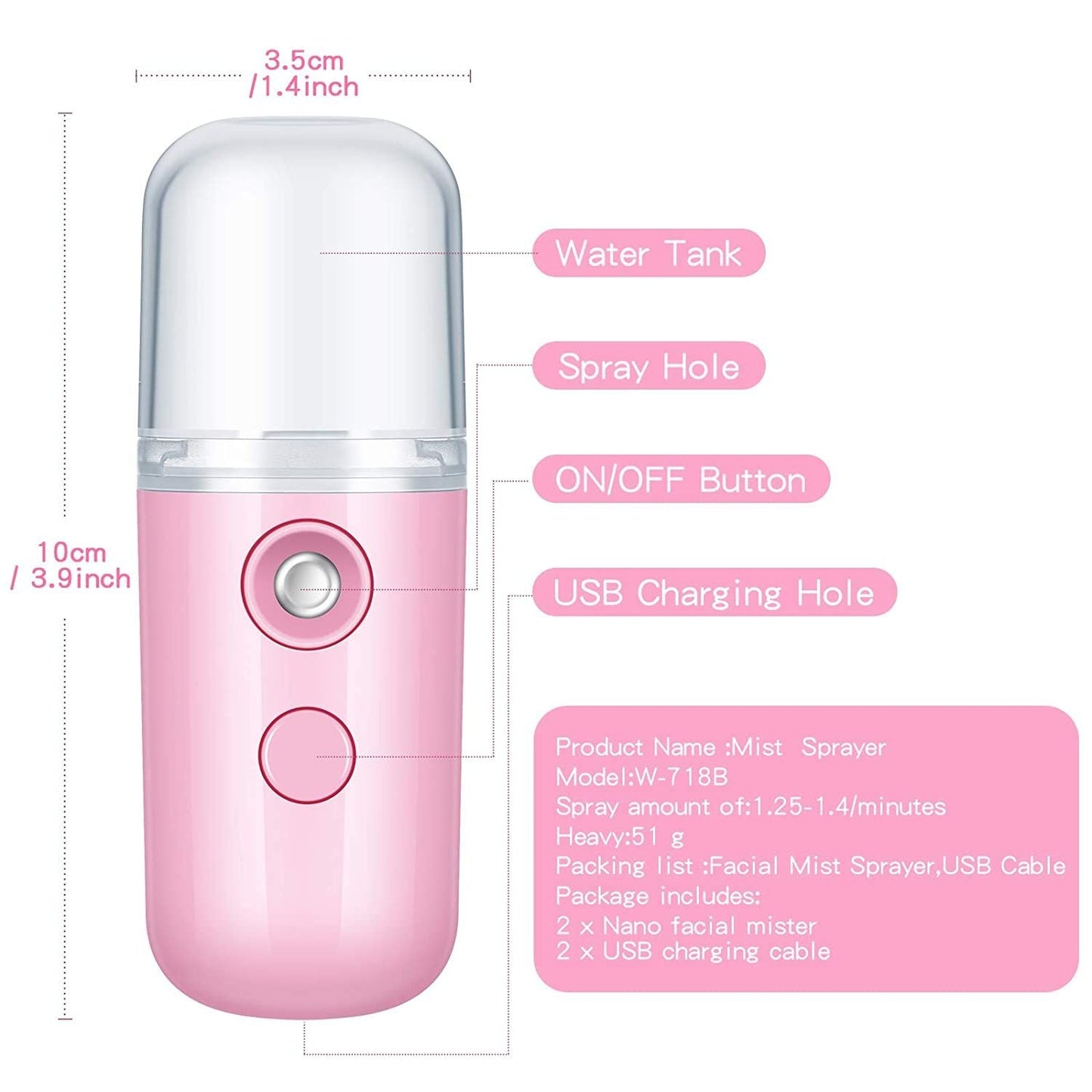 Portable Nano Facial Mist - Handy Steamer for Hydrating and Mist Hand Eyelash Extensions - 30ml USB Mist Handy Steamer for Facial Hydrating