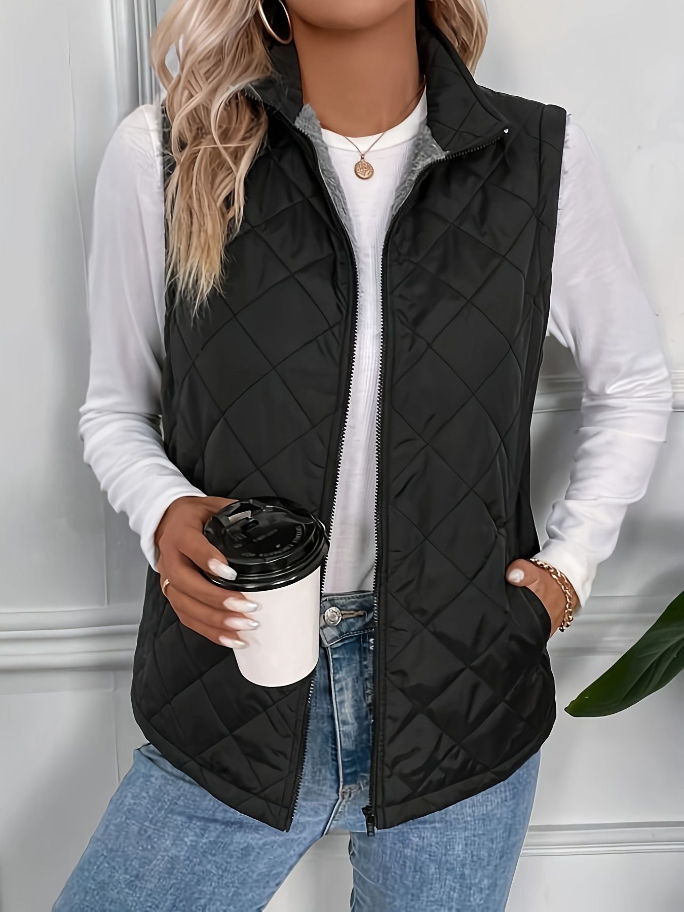 Argyle Pattern Fall & Winter Vest, Casual Zip Up Sleeveless Vest, Women's Clothing