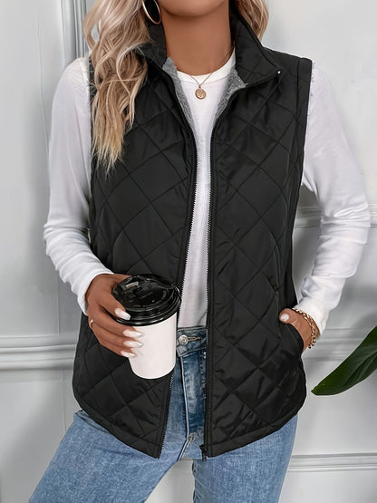 Argyle Pattern Fall & Winter Vest, Casual Zip Up Sleeveless Vest, Women's Clothing