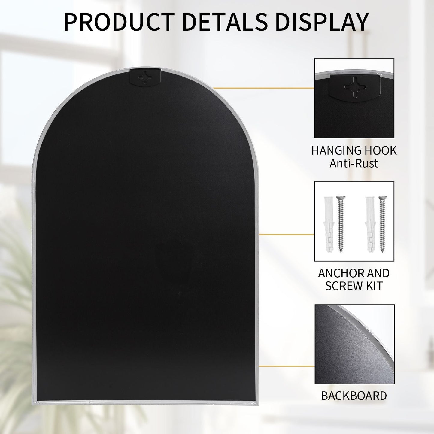 Arched Wall Mirror, 24"×36" Bathroom Mirror Deep Frame, Modern Dresser Mirror Wall Mounted Decor Metal Frame for Bedroom Living Room Entryway Fireplace Mantel Dining Room