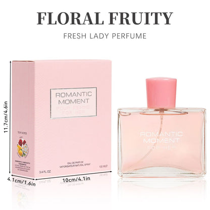 3.4fl Oz Women's Eau De Parfum - ROMANTIC MOMENT - Floral & Woody - With Rose, Chamomile, and Lemon - Medium Intensity Perfume