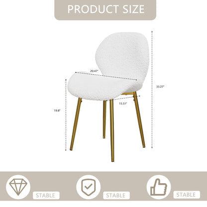 Modern minimalist white teddy velvet Dining Chairs Set of 2 with sturdy gold metal legs and comfortable backrest design, suitable for restaurants, kitchens, and offices.