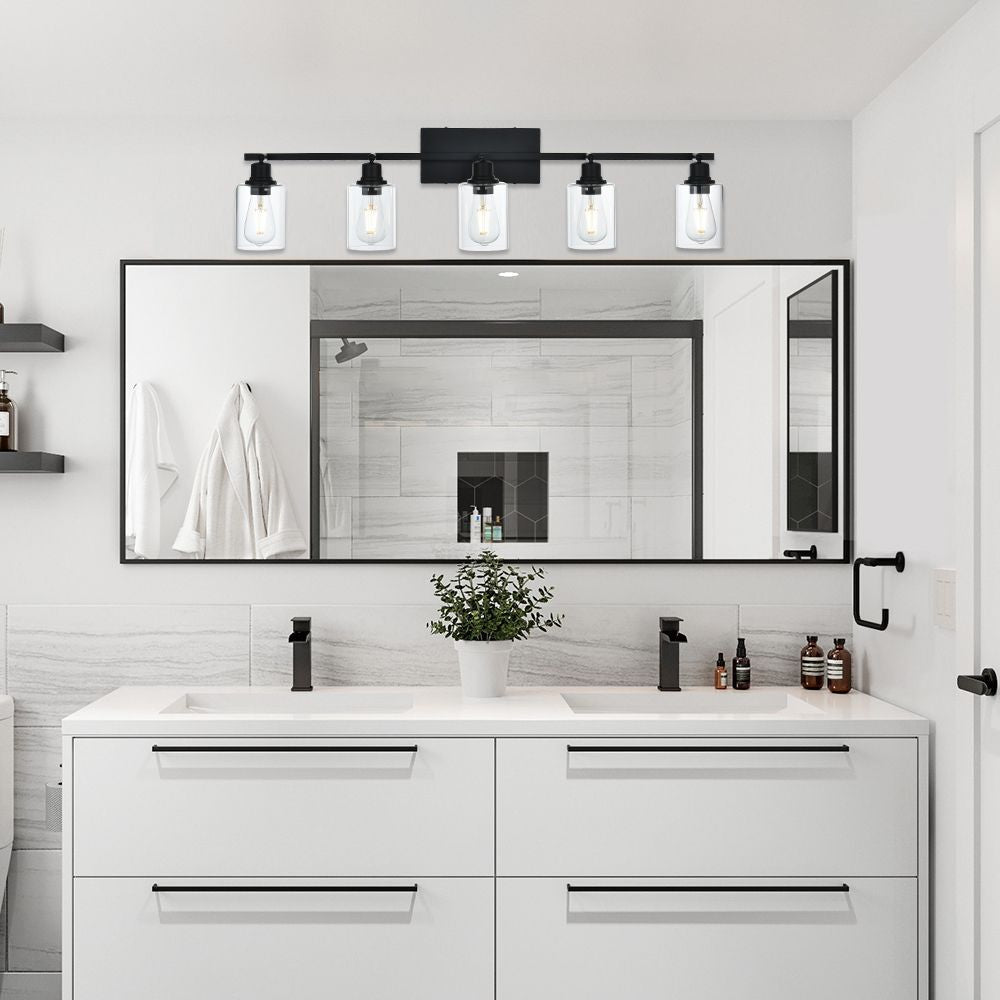 5-Light Vanity Light Bathroom Fixture with Clear Glass Shade Multi-Directional Rotating Metal Ceiling Spotlight Fixture with Adjustable Track Heads