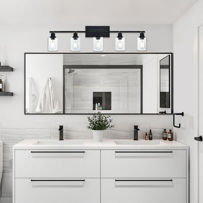 5-Light Vanity Light Bathroom Fixture with Clear Glass Shade Multi-Directional Rotating Metal Ceiling Spotlight Fixture with Adjustable Track Heads
