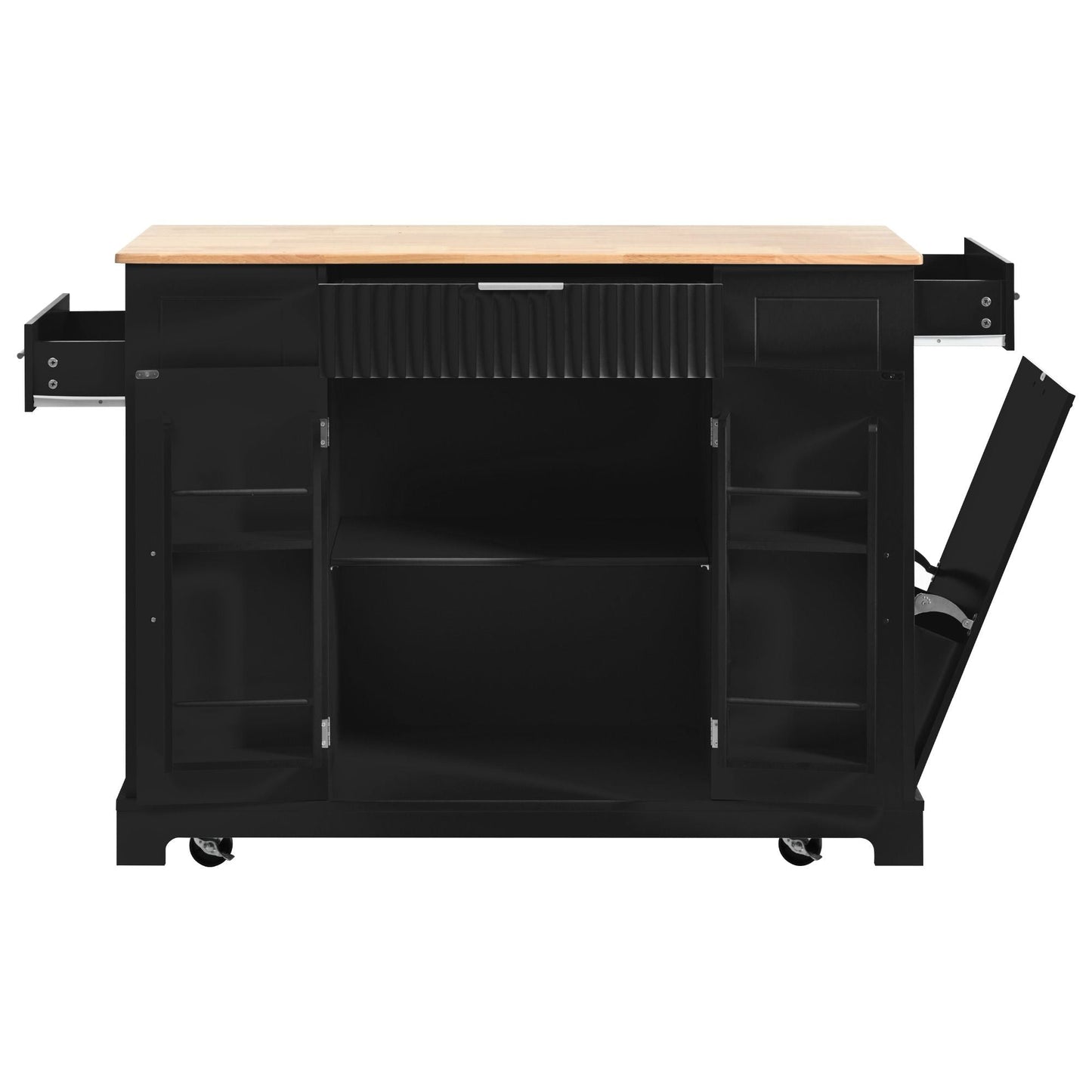 Fluted Kitchen Island with Trash Can Storage Cabinet, Power Outlet, Internal Storage Rack, Rolling Kitchen Islands on 5 Wheels with 3 Drawer, 3 Open Side Racks for 10 Gallon Garbage Bin