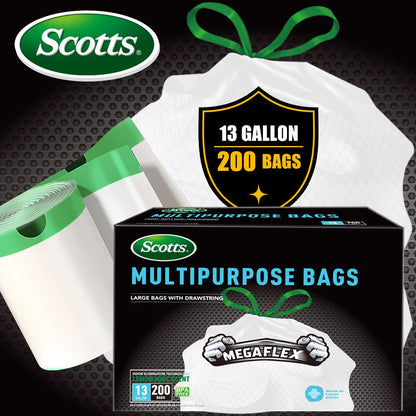 Scotts 200 Bags 13 Gallon Boxed Disposable Non Tear Puncture Tear Resistant Trash Bags, deodorization technology Kitchen Drawstring Garbage Bags, Fresh Clean Scent With Lemon Scent,