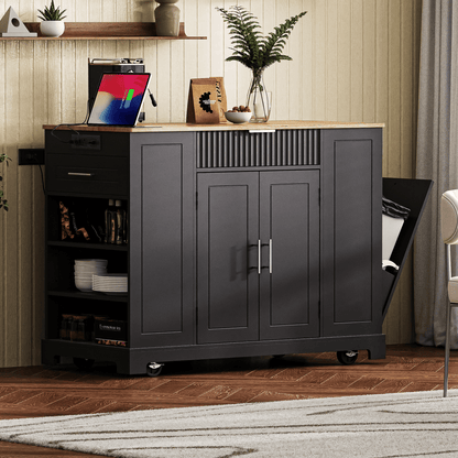 Fluted Kitchen Island with Trash Can Storage Cabinet, Power Outlet, Internal Storage Rack, Rolling Kitchen Islands on 5 Wheels with 3 Drawer, 3 Open Side Racks for 10 Gallon Garbage Bin
