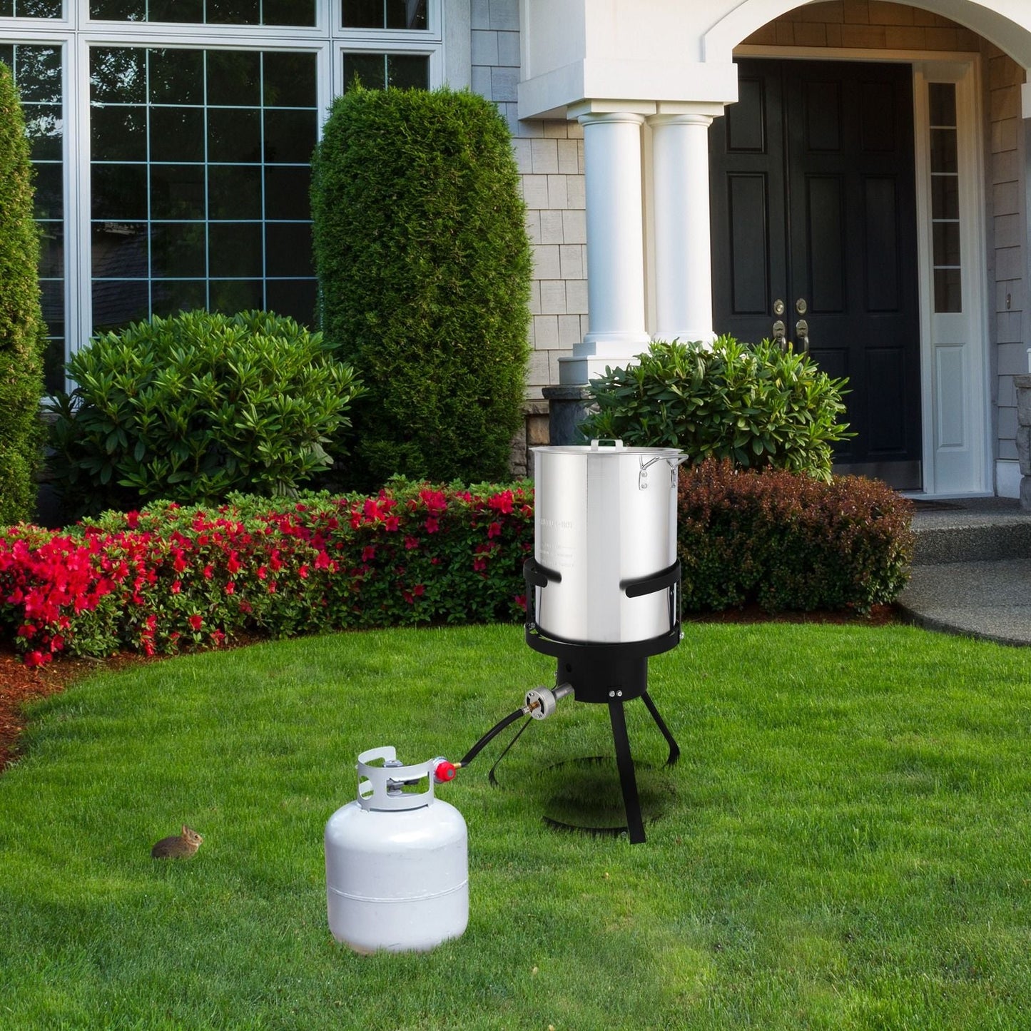 30QT Propane Turkey Fryer Set Silver Aluminum Pot with Black Round Iron Stand Outdoor Gas Deep Fryer Kit for Frying Turkey Seafood and Boiling Crawfish Backyard Cooking Equipment