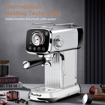 PlumChef Espresso Machine 20 Bar Professional Compact Household Coffee Espresso Maker with Milk Frother Steam Wand Temperature Gauge 34oz Water Tank Low Noise Coffee Machine for Latte Cappuccino
