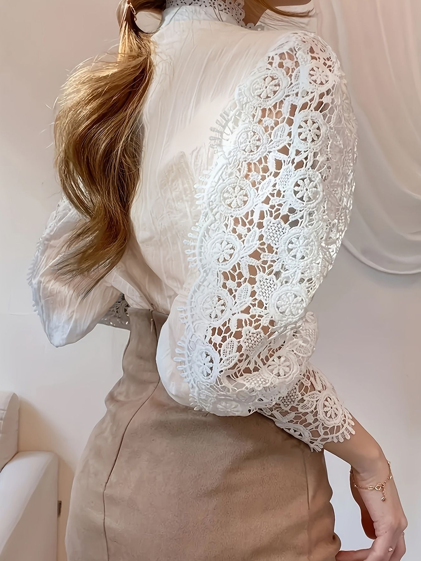Plus Size Elegant Blouse, Women's Plus Solid Contrast Lace Lantern Sleeve Button Up Mock Neck Shirt Top