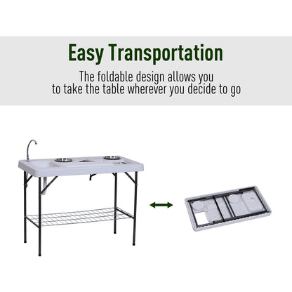 Outsunny Camping Table 50 with Sink Faucet Stainless Steel Basins Fish Cleaning