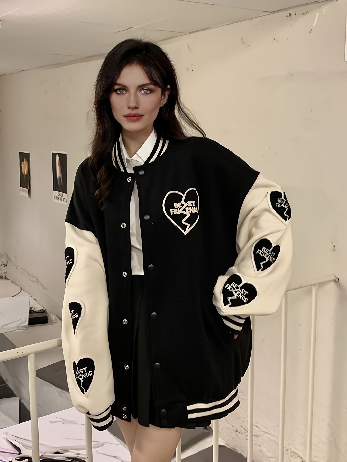 Preppy Heart Print Striped Trim Hem Patchwork Bomber Jacket, Casual Winter Oversized Coat, Women's Clothing