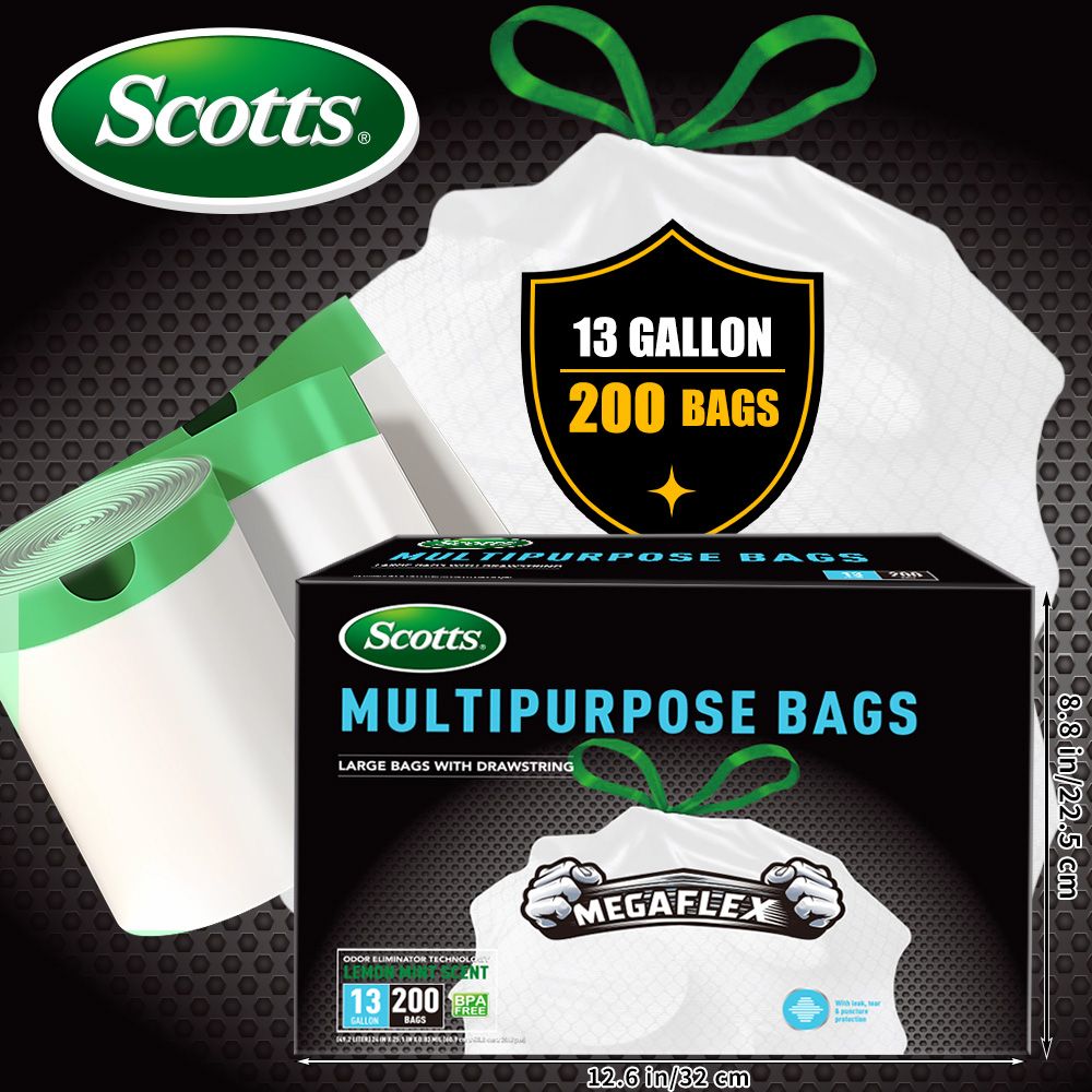 Scotts 200 Bags 13 Gallon Boxed Disposable Non Tear Puncture Tear Resistant Trash Bags, deodorization technology Kitchen Drawstring Garbage Bags, Fresh Clean Scent With Lemon Scent,