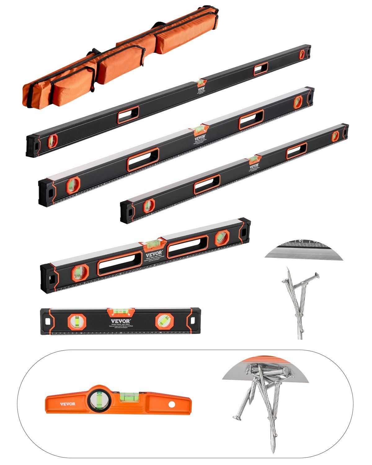 VEVOR 6-Piece Torpedo Level, 78/48/32/24/16/10 Inch Box Levels Set, Bubble Vials Ruler for 45/90/180 Degree, Shock-Proof Aluminum Alloy Magnetic Leveler Tool, SAE/Metric Scale