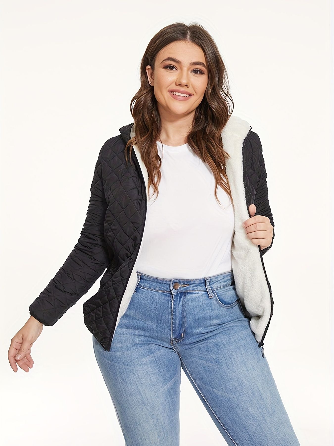 Slant Pockets Thermal Hooded Jacket, Casual Solid Long Sleeve Jacket For Fall & Winter, Women's Clothing