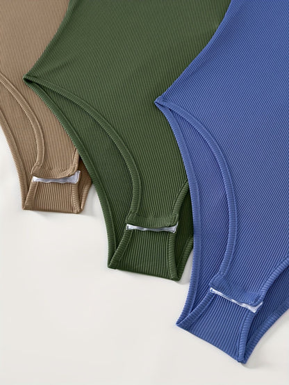 Letter Print Bodysuit 3 Pack, Casual Crew Neck Short Sleeve Bodysuit, Women's Clothing